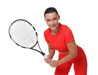Photo of Woman with tennis racket on white background