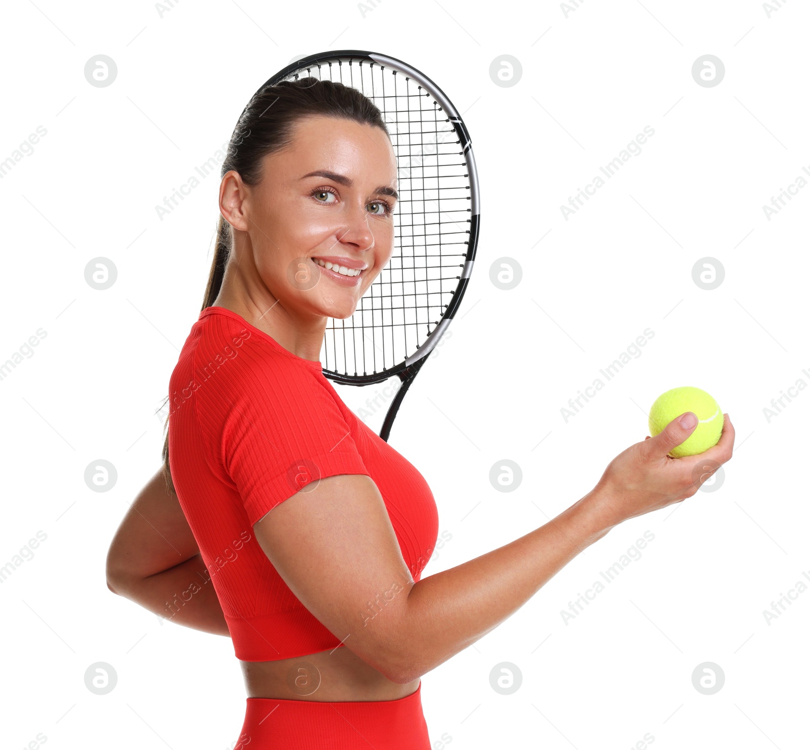 Woman with racket and tennis ball on white background Photo of Woman with racket and tennis ball on white background