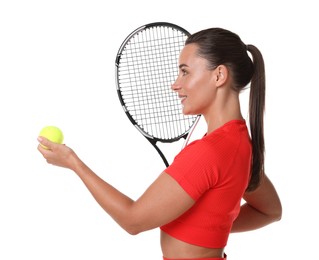 Photo of Woman with racket and tennis ball on white background