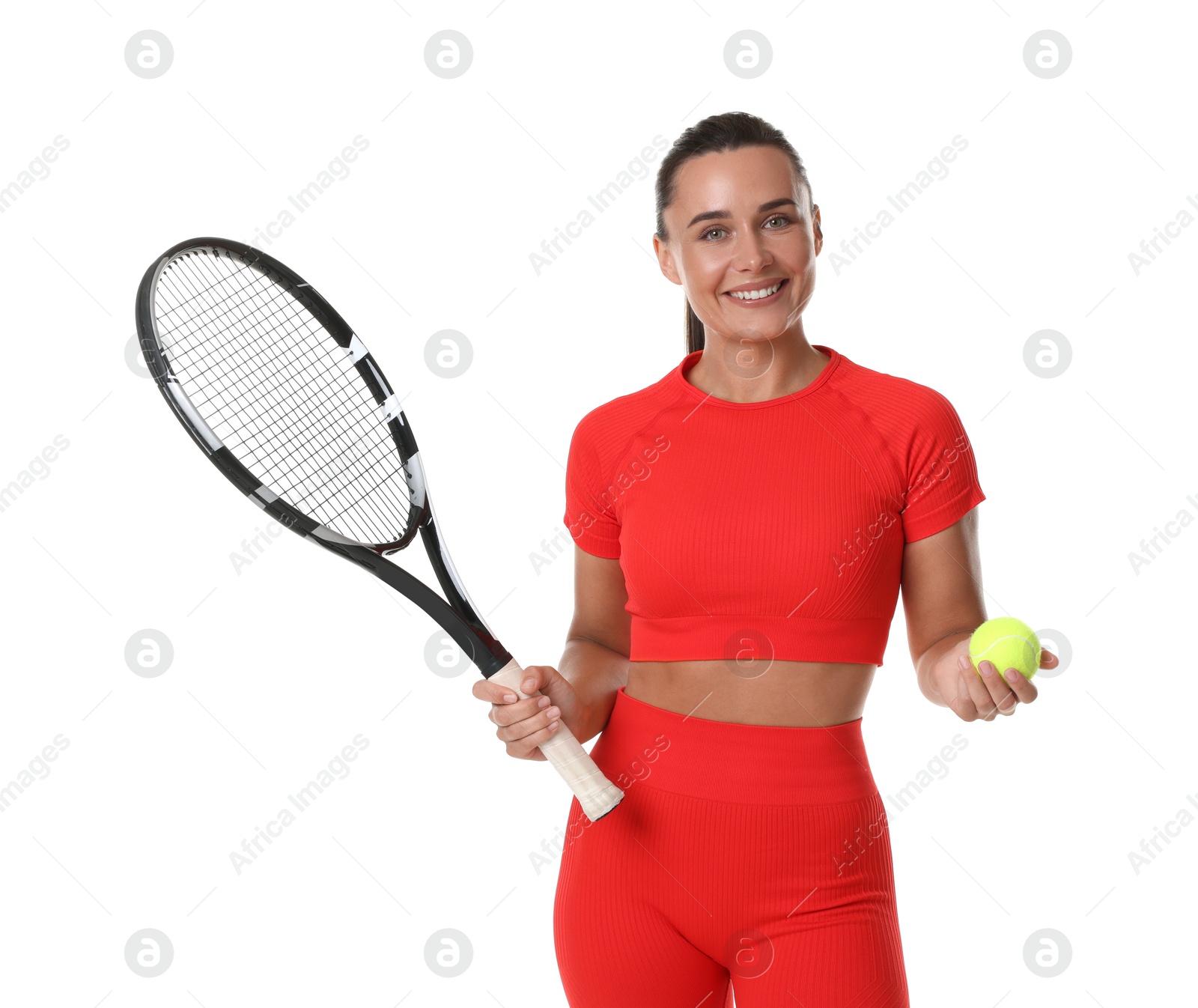 Woman with racket and tennis ball on white background Photo of Woman with racket and tennis ball on white background