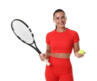 Photo of Woman with racket and tennis ball on white background