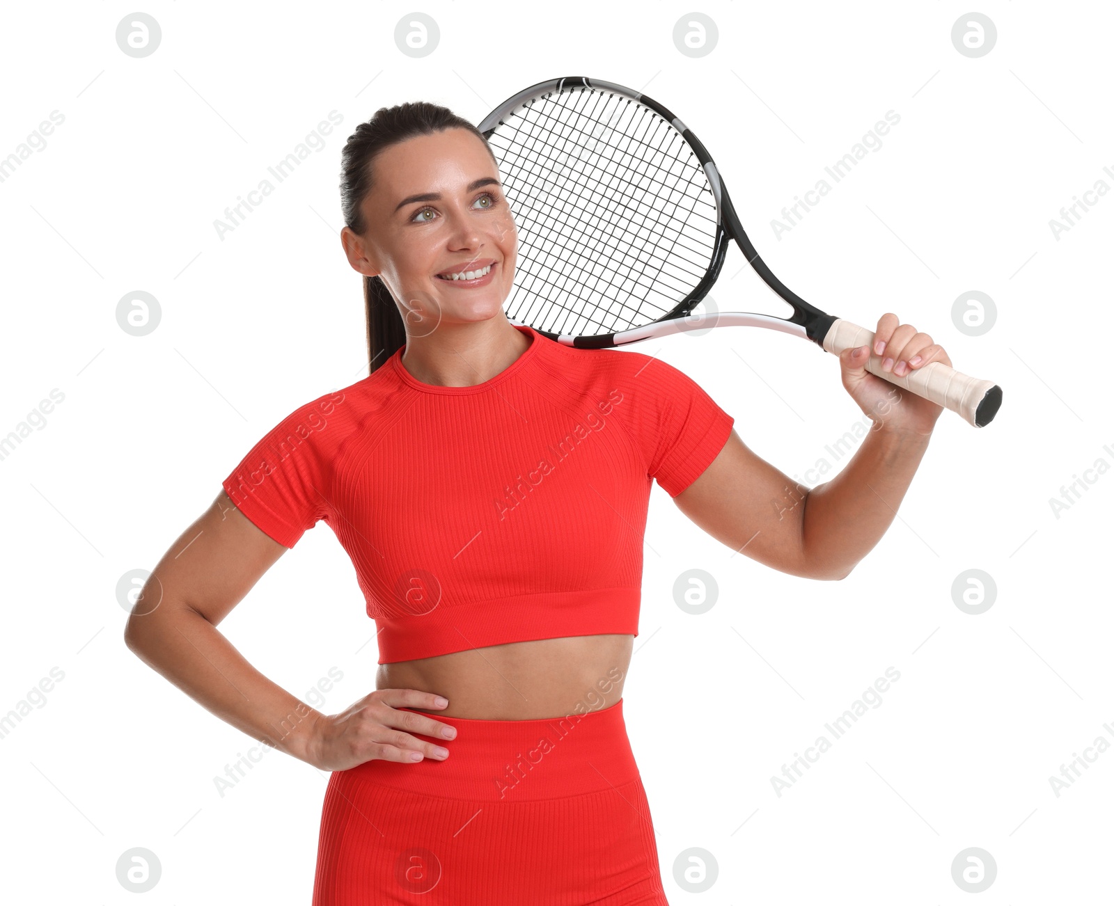 Photo of Woman with tennis racket on white background