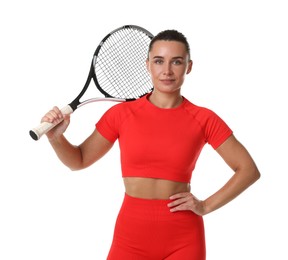 Photo of Woman with tennis racket on white background