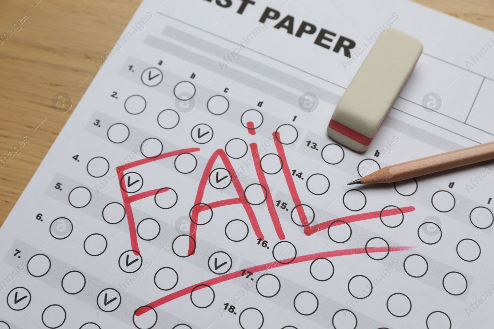 Photo of Answer sheet with word Fail, eraser and pencil on table, closeup. Student passing exam