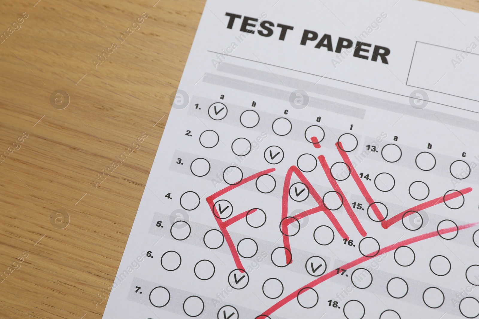 Photo of Answer sheet with word Fail on wooden table, above view. Student passing exam