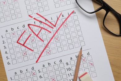 Photo of Answer sheet with word Fail, eraser, pencil and glasses on wooden table, flat lay. Student passing exam