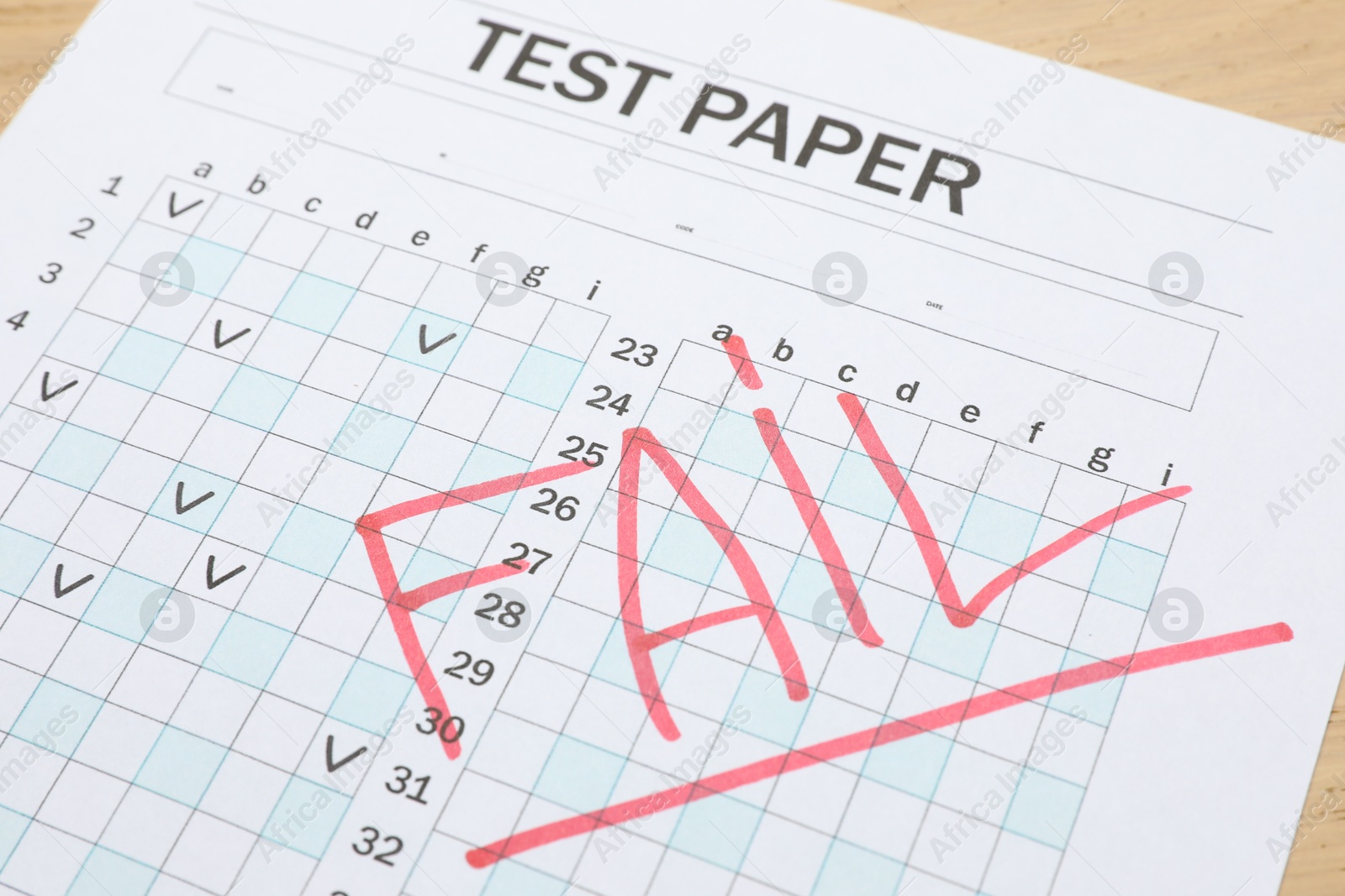 Photo of Answer sheet with word Fail on table, closeup. Student passing exam