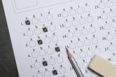 Photo of Answer sheet, pencil and eraser on table, flat lay. Student passing exam