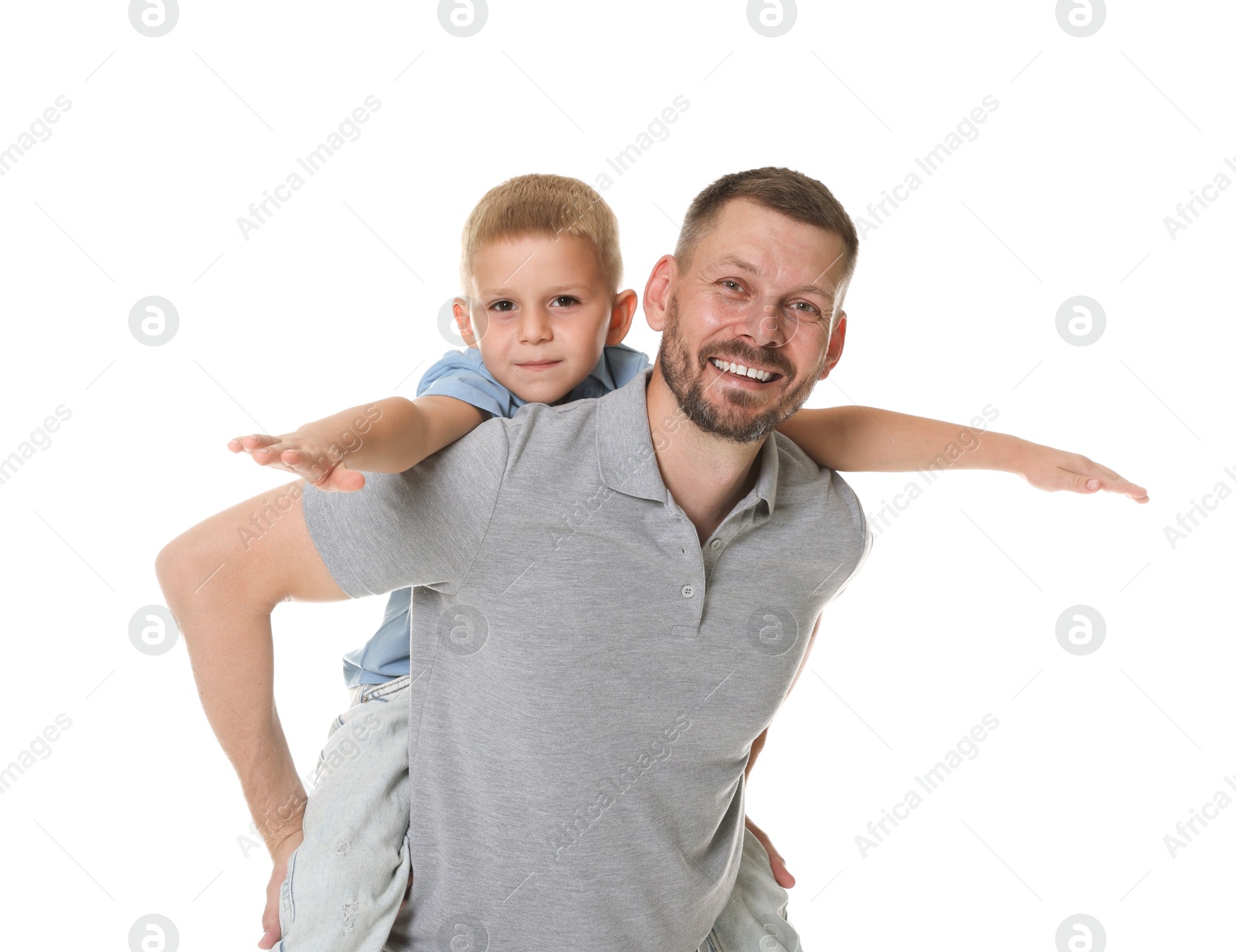 Photo of Father and son having fun on white background