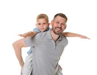 Photo of Father and son having fun on white background