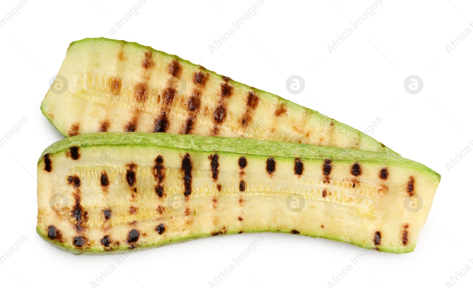 Photo of Delicious grilled courgette slices isolated on white, above view