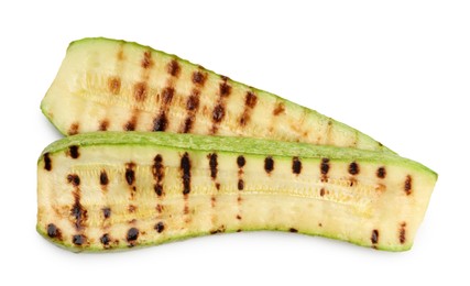 Photo of Delicious grilled courgette slices isolated on white, above view
