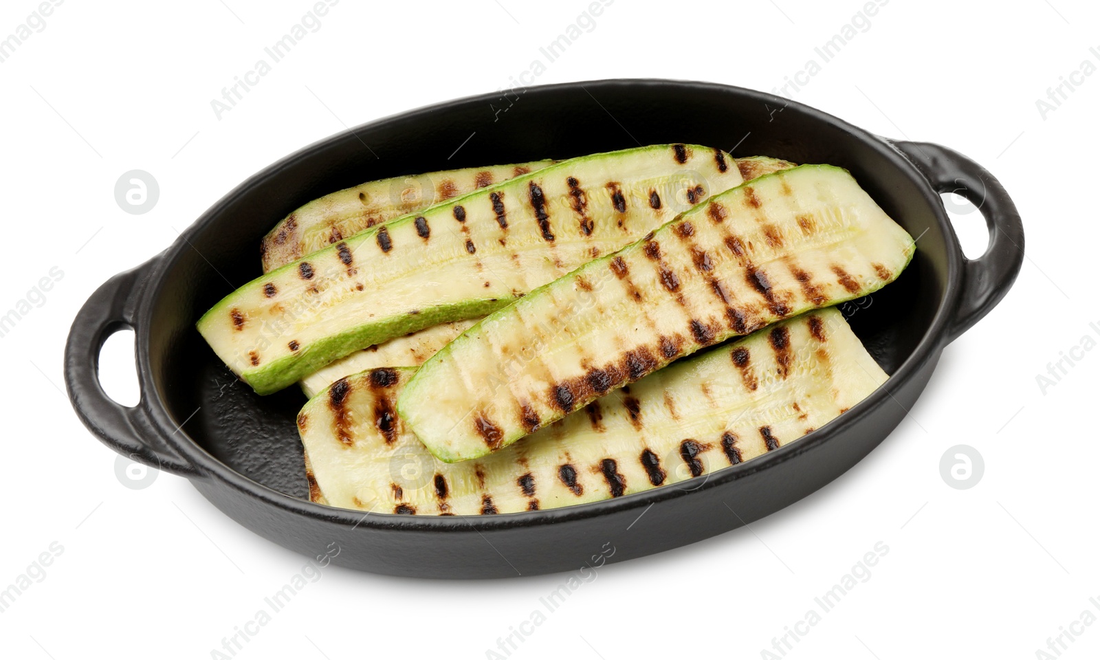 Photo of Delicious grilled courgette slices in baking dish isolated on white