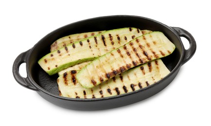 Photo of Delicious grilled courgette slices in baking dish isolated on white