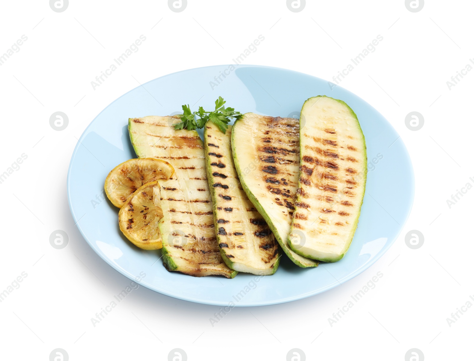 Photo of Delicious grilled courgette slices with parsley and lemon isolated on white