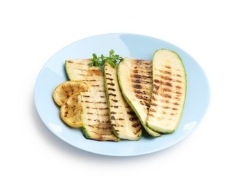 Photo of Delicious grilled courgette slices with parsley and lemon isolated on white