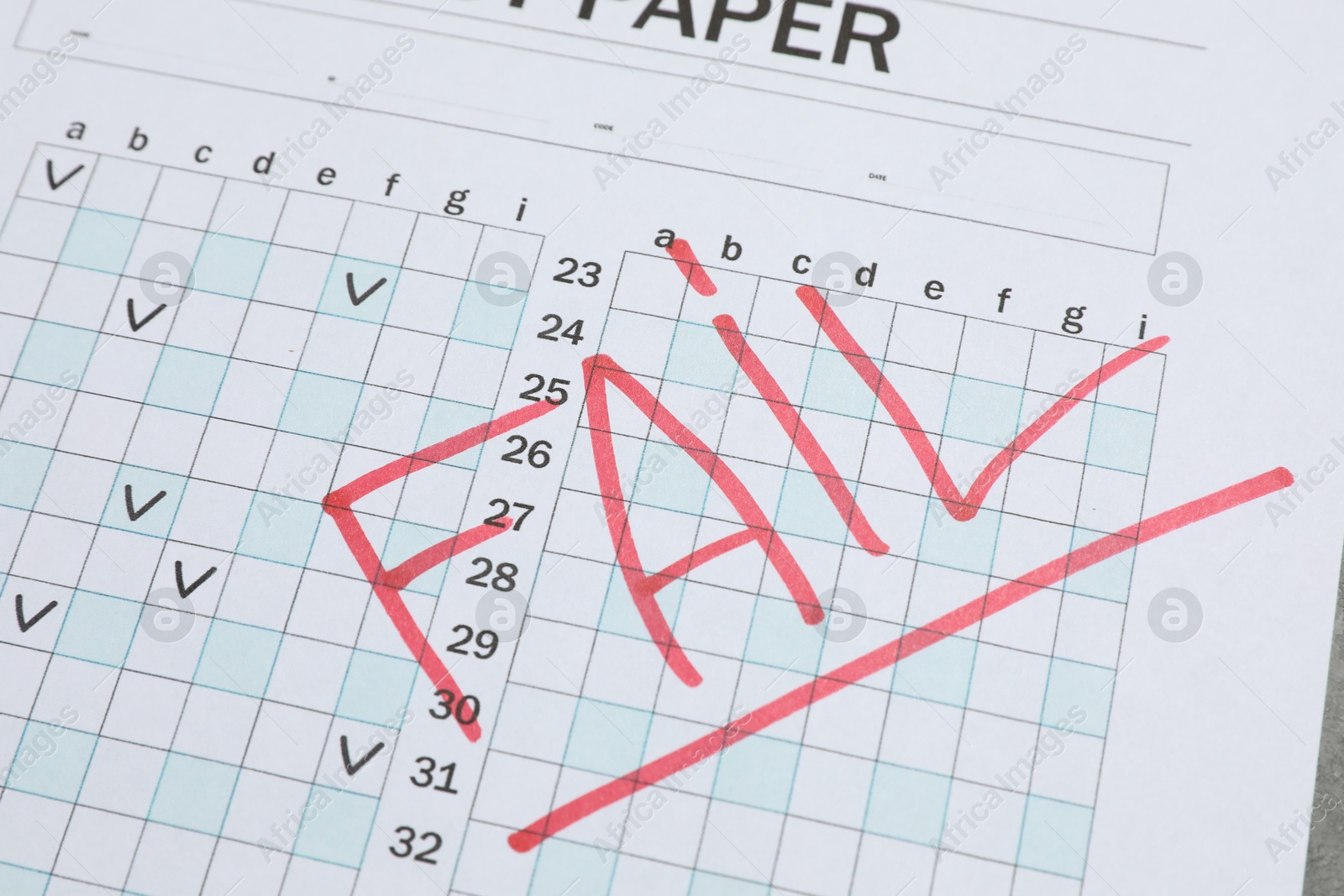 Word Fail written with red marker on answer sheet, closeup. Student passing exam Photo of Word Fail written with red marker on answer sheet, closeup. Student passing exam