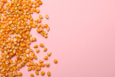 Photo of Dry kernels on pink background, flat lay. Space for text