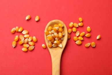 Photo of Dry kernels and spoon on red background, flat lay