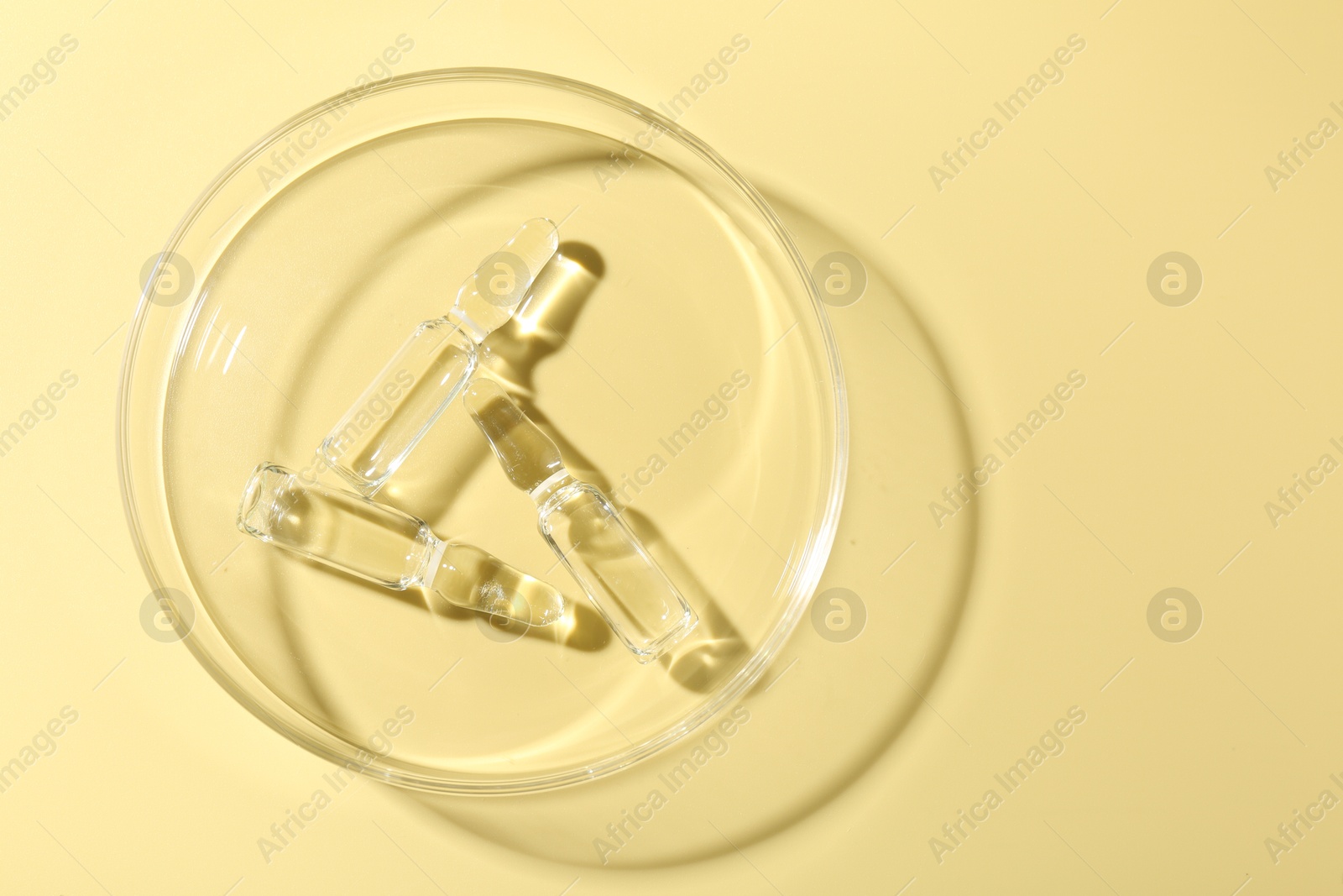 Glass ampoules with liquid and Petri dish on yellow background, top view. Space for text Photo of Glass ampoules with liquid and Petri dish on yellow background, top view. Space for text