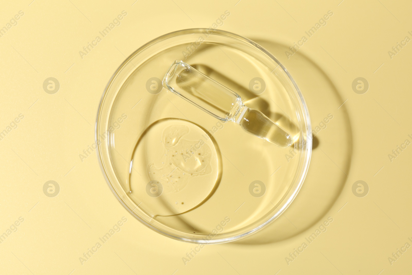 Glass ampoule with liquid and Petri dish on yellow background, top view Photo of Glass ampoule with liquid and Petri dish on yellow background, top view