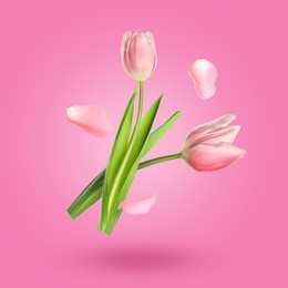 Image of Aromatic tulips and petals falling on pink gradient background