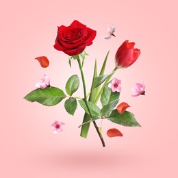 Image of Aromatic flowers and petals in air against pink gradient background