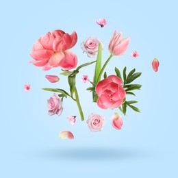 Image of Beautiful flowers and petals in air against light blue background