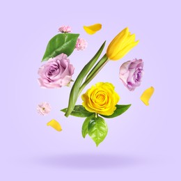 Image of Aromatic flowers, petals and green leaves falling against light grey background