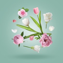 Image of Beautiful flowers and petals in air against greyish teal gradient background