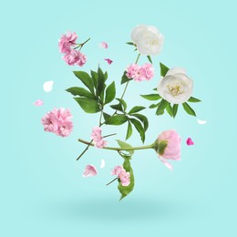 Image of Aromatic spring flowers and petals in air against light blue background