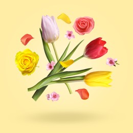 Image of Aromatic flowers and petals in air against pale yellow background
