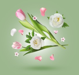 Image of Beautiful flowers and petals in air against green grey gradient background
