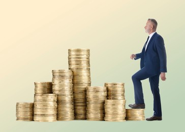 Image of Businessman walking up stacked coins against beige background. Path to wealth