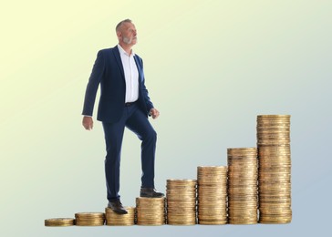 Image of Businessman walking up coins against beige gradient background. Stacks from smaller to bigger. Path to wealth