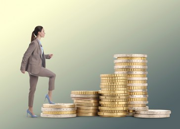 Image of Business woman walking up stacked coins against beige gradient background. Path to wealth