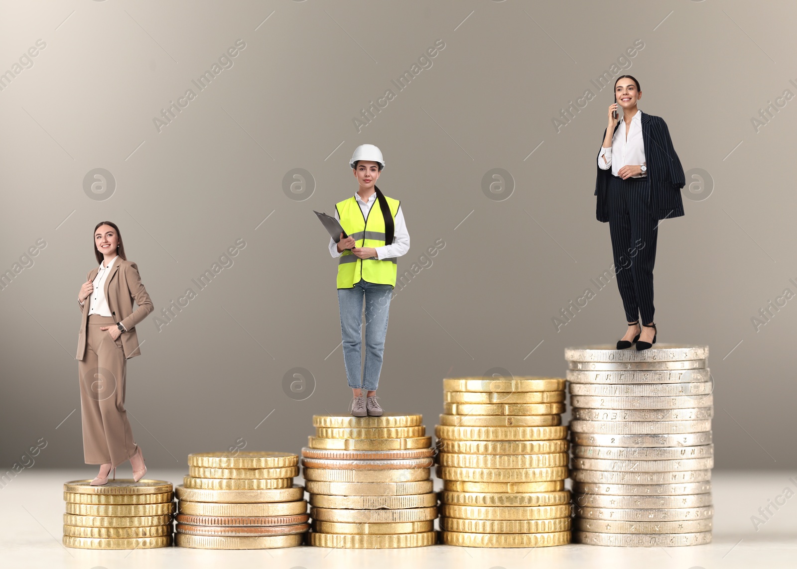 Image of Women of different professions on coins against beige background. Stacks from smaller to bigger. Salary due to occupation
