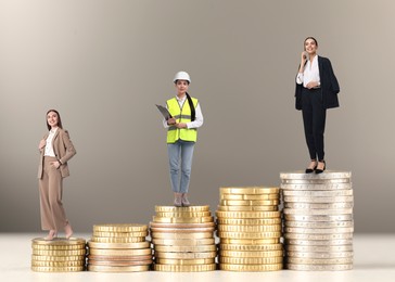 Image of Women of different professions on coins against beige background. Stacks from smaller to bigger. Salary due to occupation