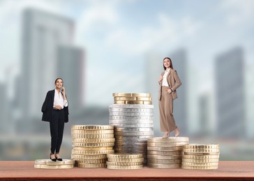 Image of Business women on stacked coins against cityscape. Different income