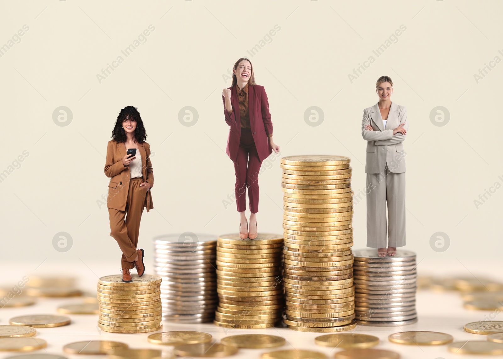 Image of Business women on stacked coins against beige background. Different income