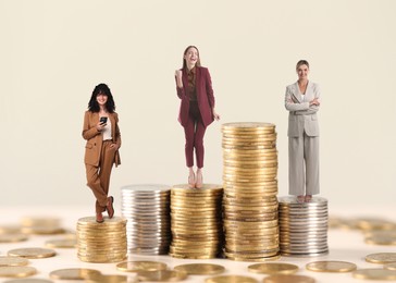 Image of Business women on stacked coins against beige background. Different income