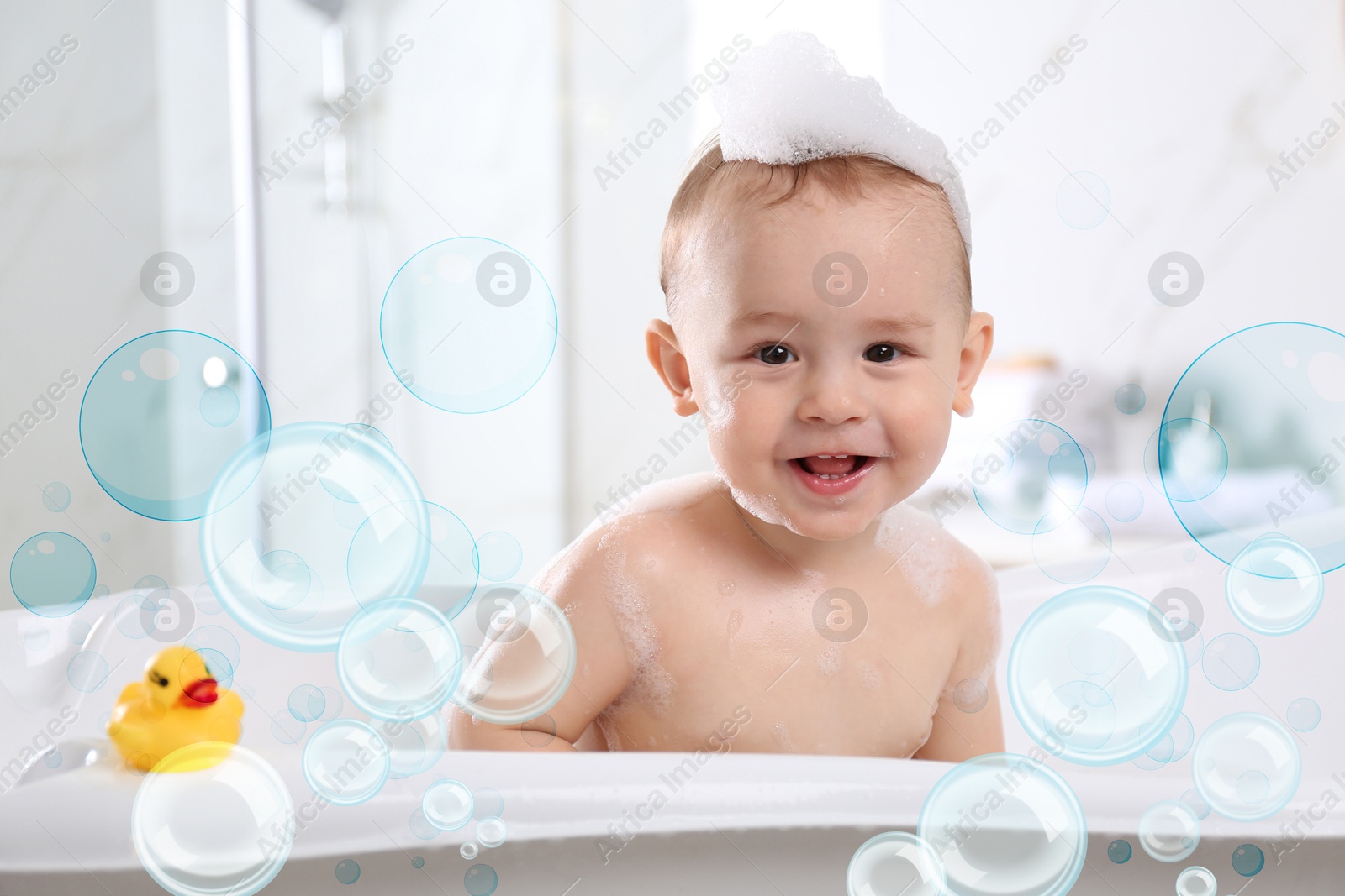 Cute little baby taking bath at home. Soap bubbles in air Image of Cute little baby taking bath at home. Soap bubbles in air