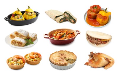 Image of Variety of stuffed dishes isolated on white, collage