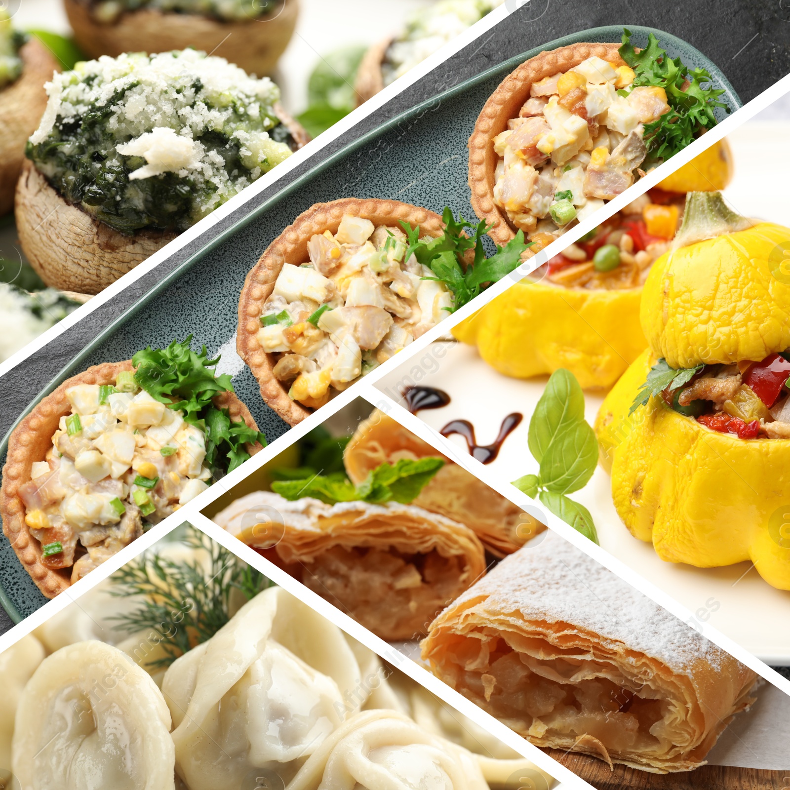 Collage with variety of tasty stuffed dishes Image of Collage with variety of tasty stuffed dishes