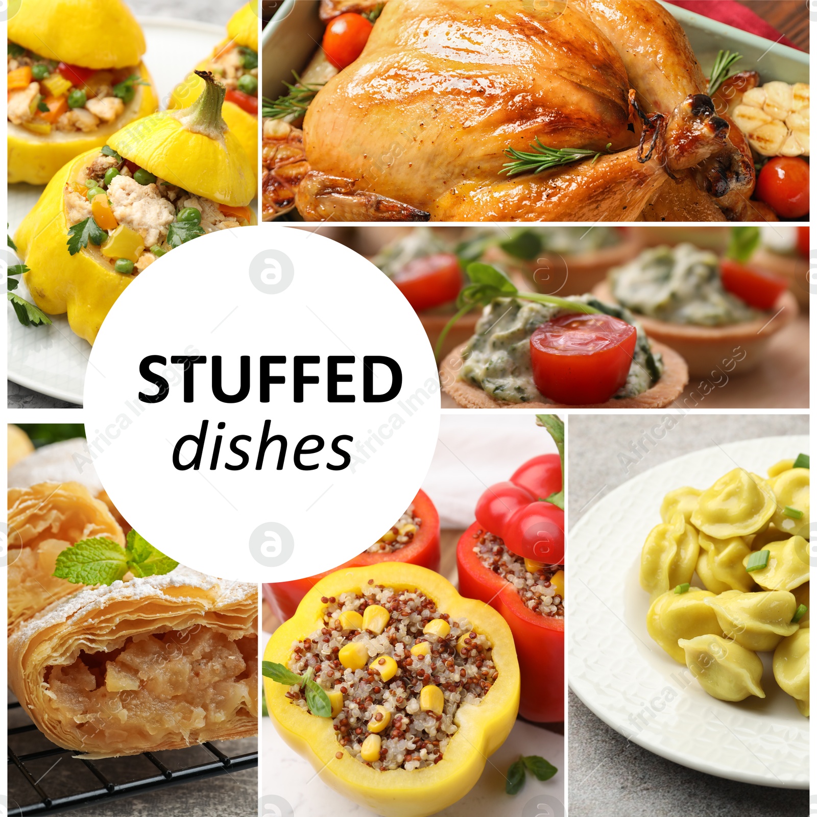 Collage with variety of tasty stuffed dishes Image of Collage with variety of tasty stuffed dishes