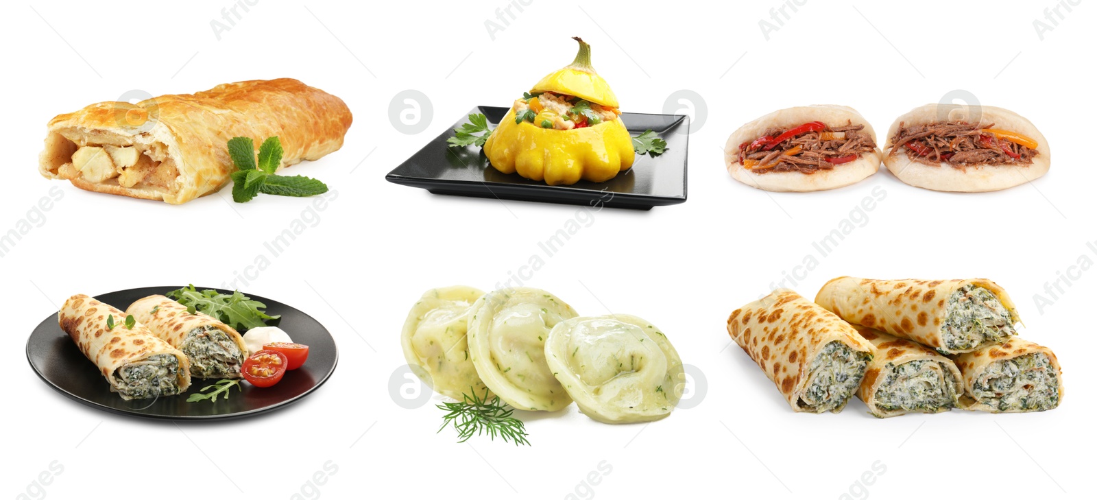 Image of Variety of stuffed dishes isolated on white, collage