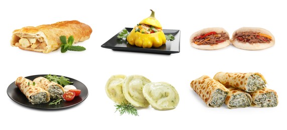Image of Variety of stuffed dishes isolated on white, collage