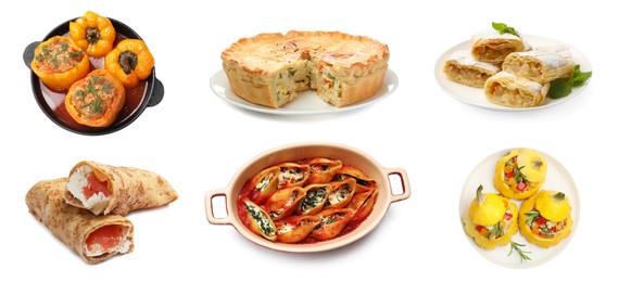 Image of Variety of stuffed dishes isolated on white, collage