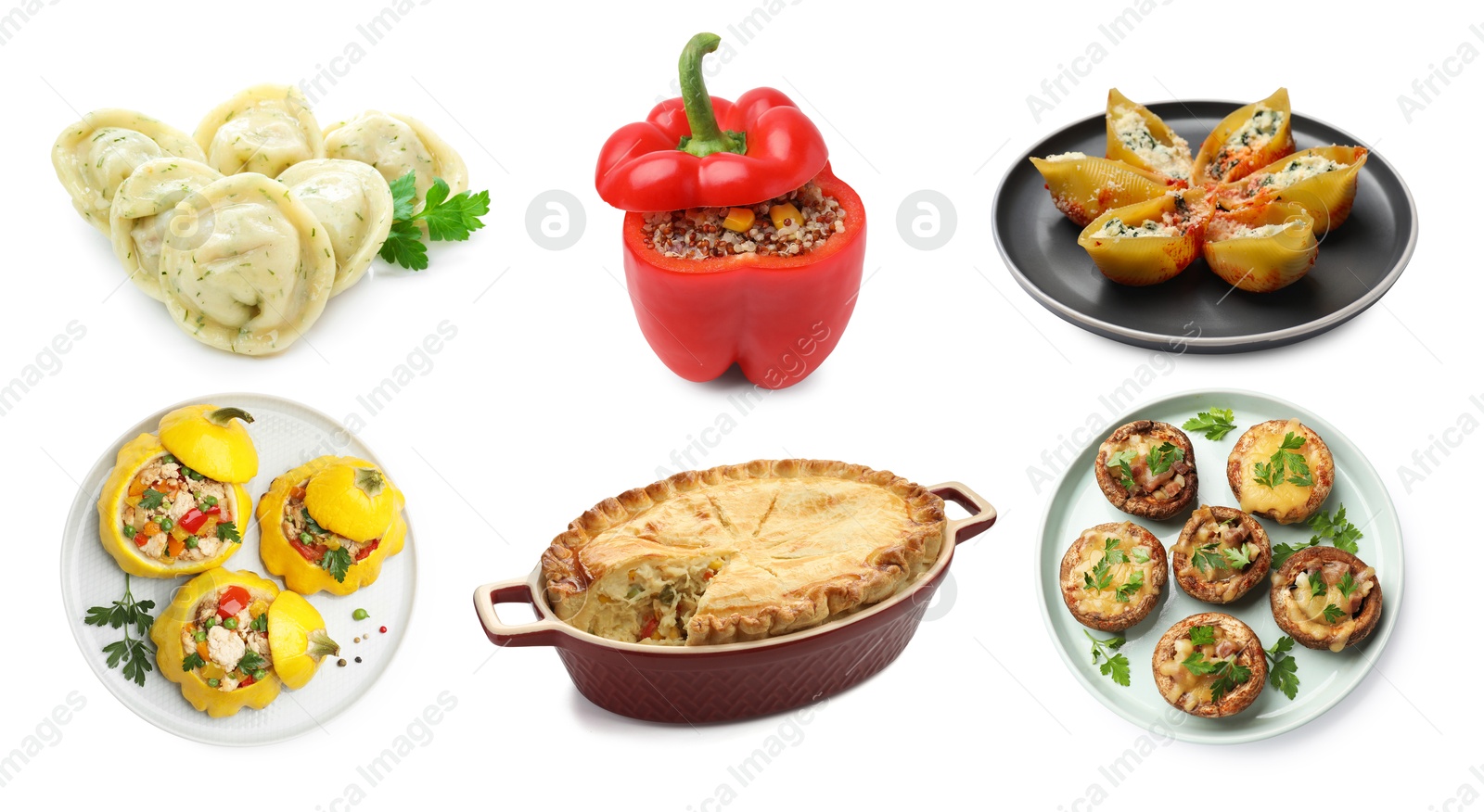 Variety of stuffed dishes isolated on white, collage Image of Variety of stuffed dishes isolated on white, collage