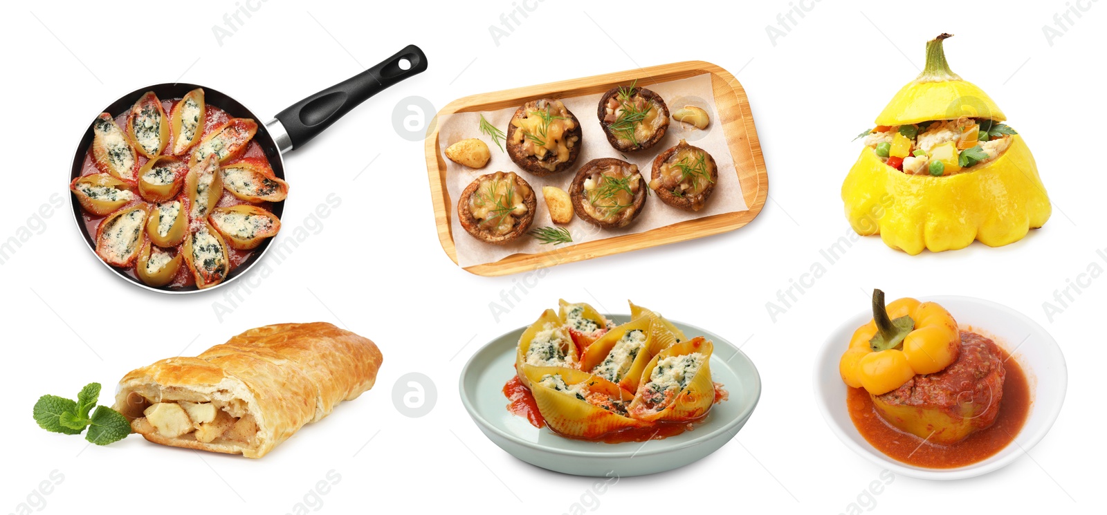 Variety of stuffed dishes isolated on white, collage Image of Variety of stuffed dishes isolated on white, collage